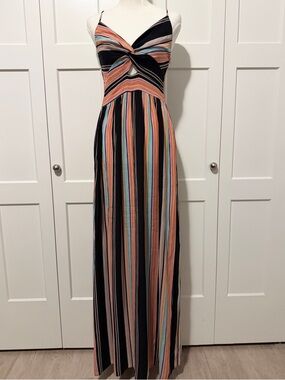 Colorful Striped Maxi Dress Small S Boho Cutout Knot Front Smocked Back Summer